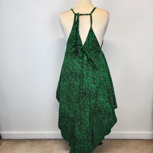 Bombchel V-Neck Asymmetric Hem Halter Dress Green Floral 100% Cotton OS M/L - Picture 5 of 15